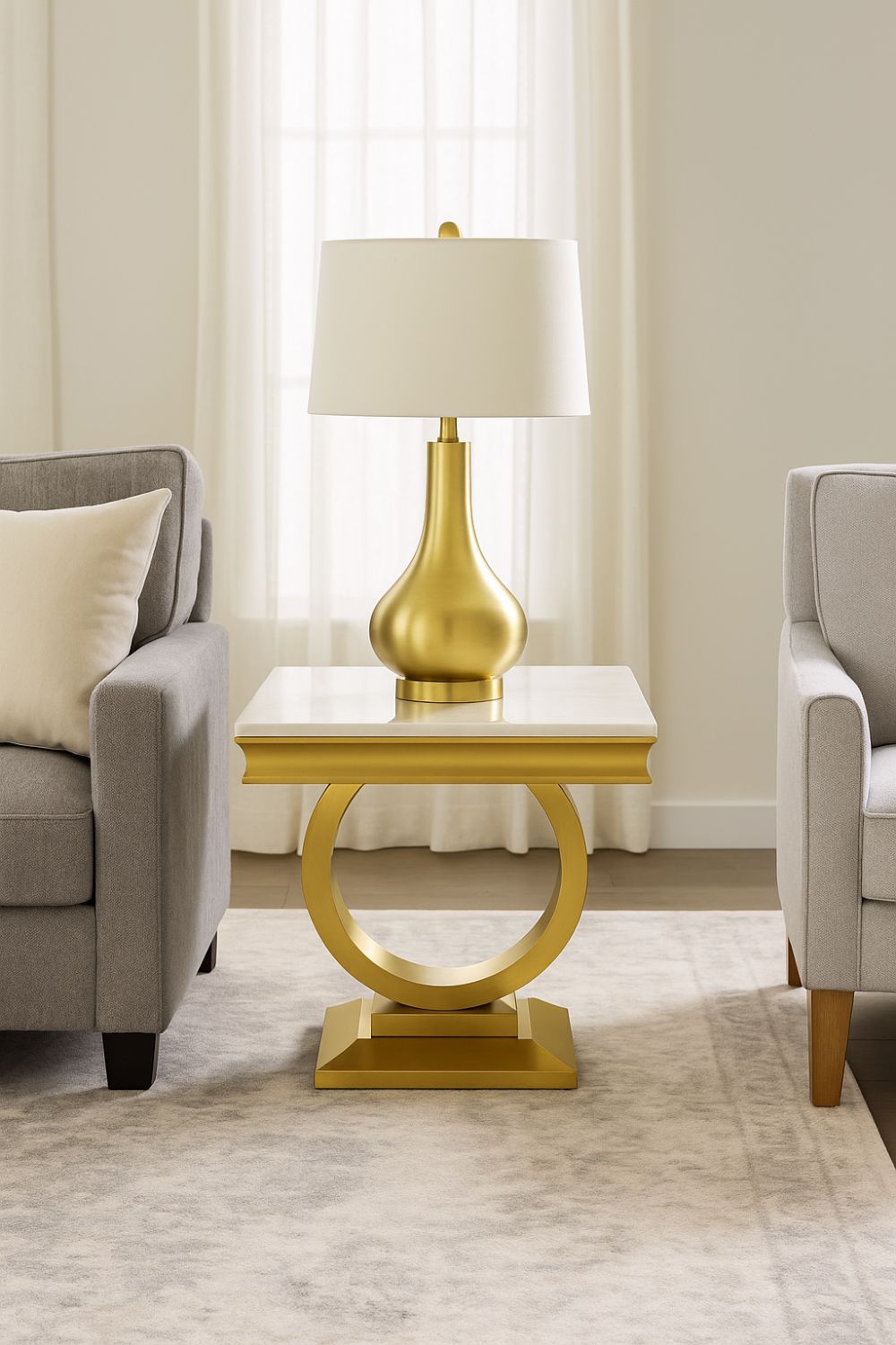 Luxury White Marble Effect Lamp Table with Brushed Gold Circular Pedestal Base