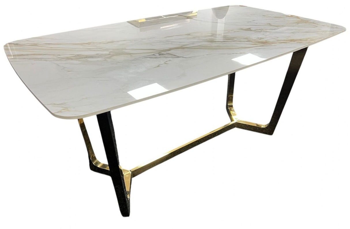 Luxury White Ceramic Dining Table with Gold Geometric Metal Base