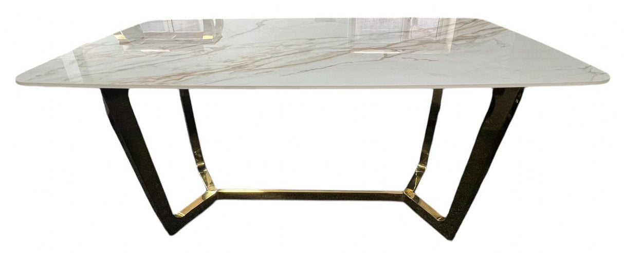 Luxury White Ceramic Top 1.8m Dining Table with Gold Geometric Metal Base