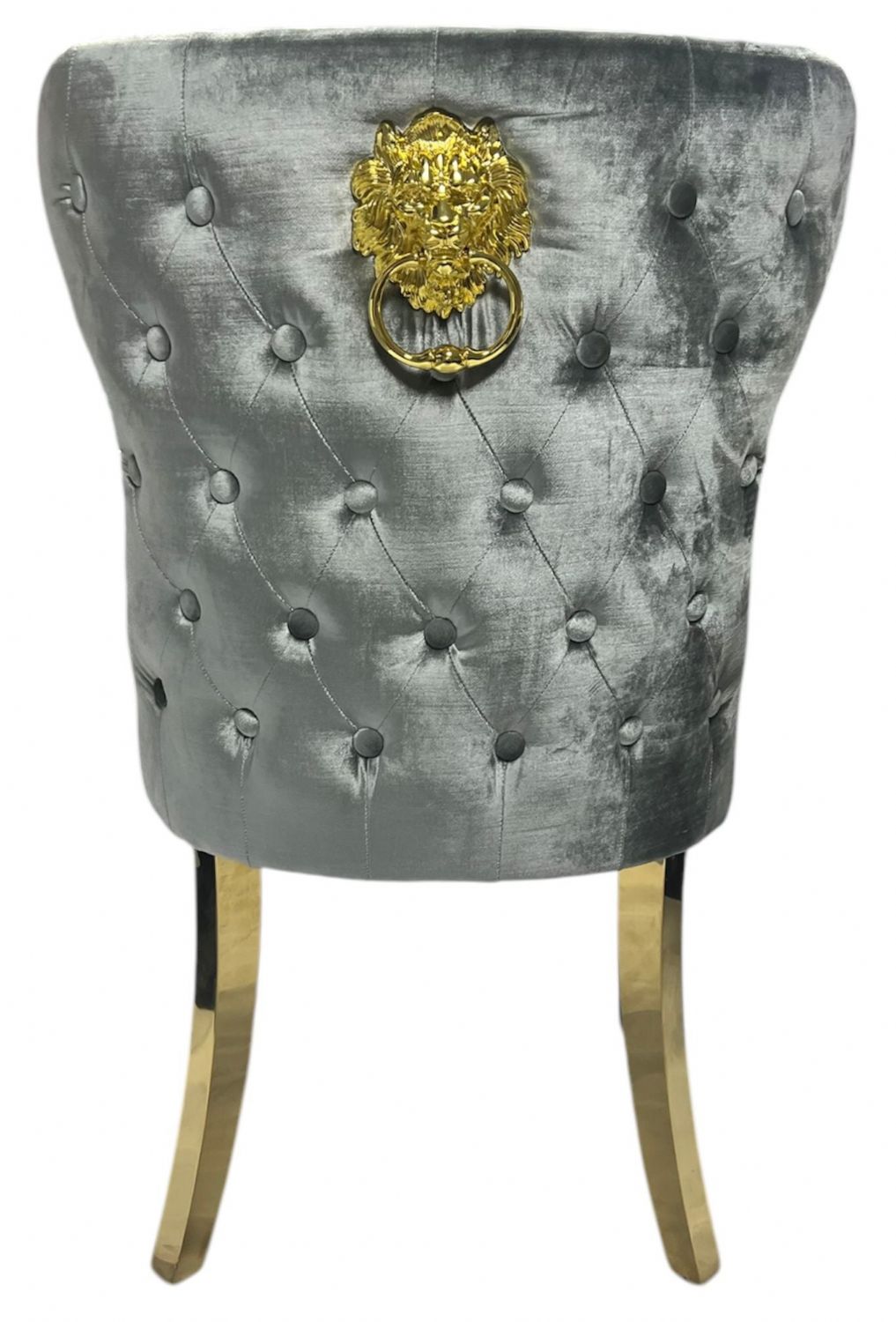 Luxury Light Grey Shimmer Velvet Dining Chair with Lion Knocker and Gold Legs