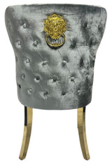 Luxury Light Grey Shimmer Velvet Dining Chair with Lion Knocker and Gold Legs