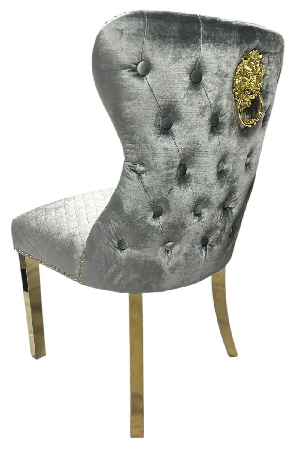 Luxury Light Grey Shimmer Velvet Dining Chair with Lion Knocker and Gold Legs