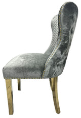 Luxury Light Grey Shimmer Velvet Dining Chair with Lion Knocker and Gold Legs