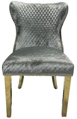 Luxury Light Grey Shimmer Velvet Dining Chair with Lion Knocker and Gold Legs