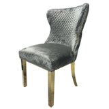 Luxury Light Grey Shimmer Velvet Dining Chair with Lion Knocker and Gold Legs