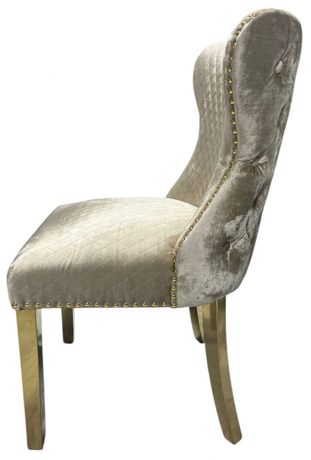 Luxury Mink Shimmer Velvet Dining Chair with Lion Knocker and Gold Legs