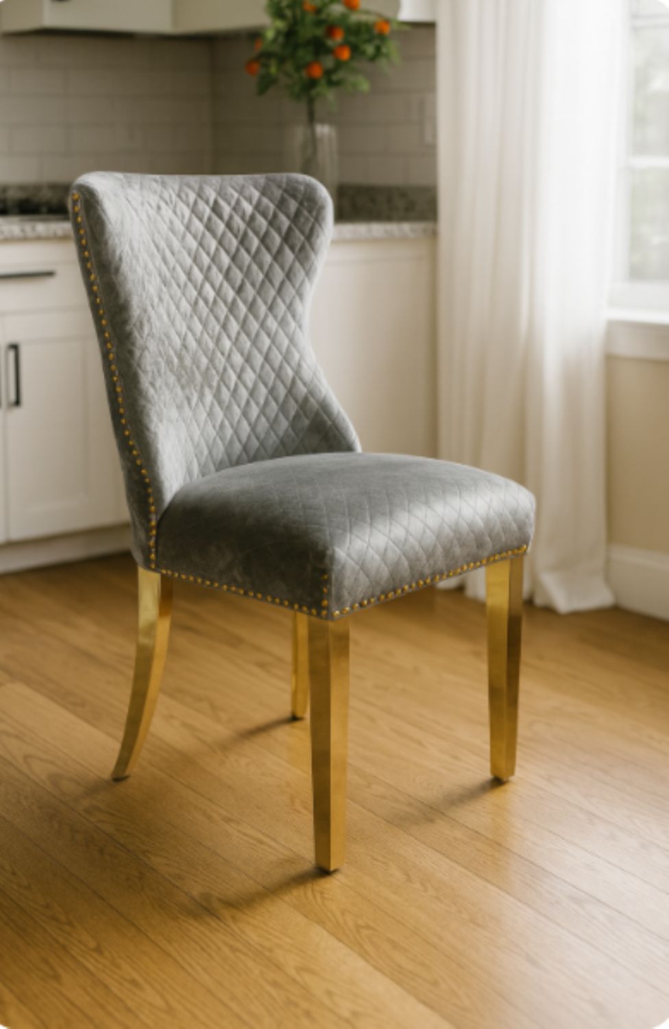 Luxury Light Grey Shimmer Velvet Dining Chair with Lion Knocker and Gold Legs