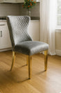 Luxury Light Grey Shimmer Velvet Dining Chair with Lion Knocker and Gold Legs