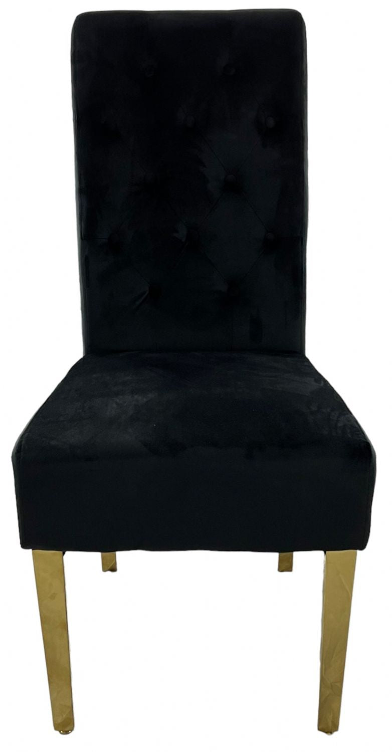 Luxury Black Velvet Dining Chair with Gold Ring Knocker and Gold Legs