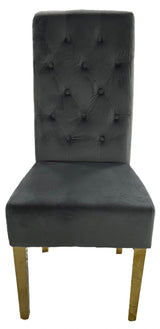Luxury Dark Grey Velvet Dining Chair with Gold Ring Knocker and Gold Legs