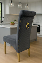 Luxury Dark Grey Velvet Dining Chair with Gold Ring Knocker and Gold Legs