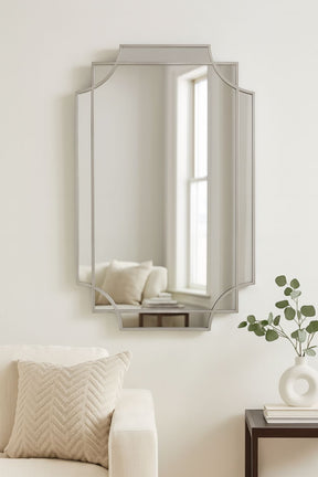 Silver Art Deco Frame Over Wall Mirror with Geometric Design
