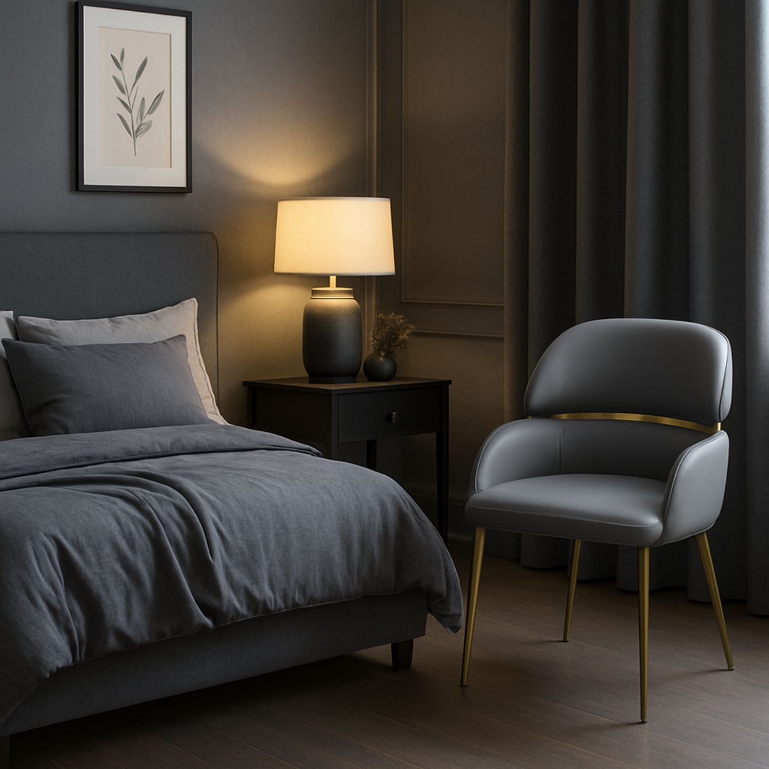 Luxury Grey PU Upholstered Dining Chair with Gold Accent Bar and Gold Legs