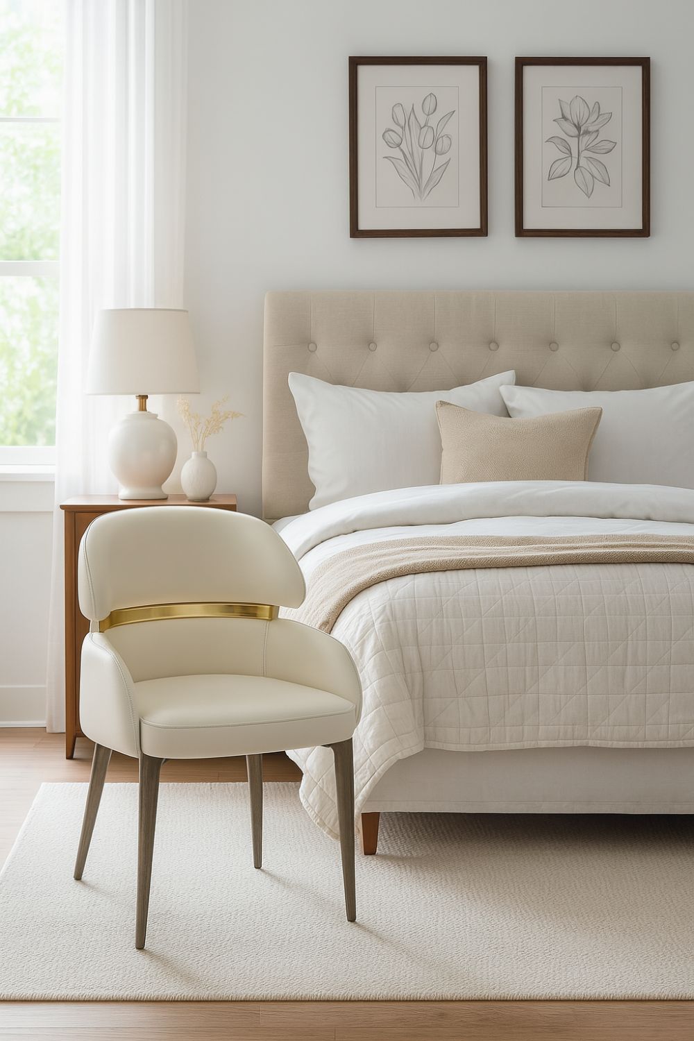 Classic Cream PU Upholstered Dining Chair with Gold Accent Detail and Tapered Legs
