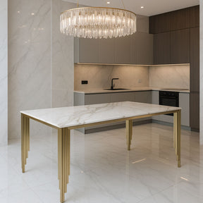 Luxury White Marble Effect 1.8m Dining Table with Gold Art Deco Metal Legs