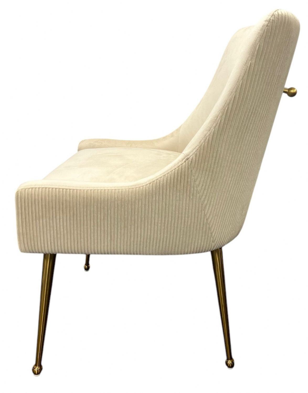 Modern Ivory Velvet Dining Chair with Ribbed Back and Gold Metal Legs