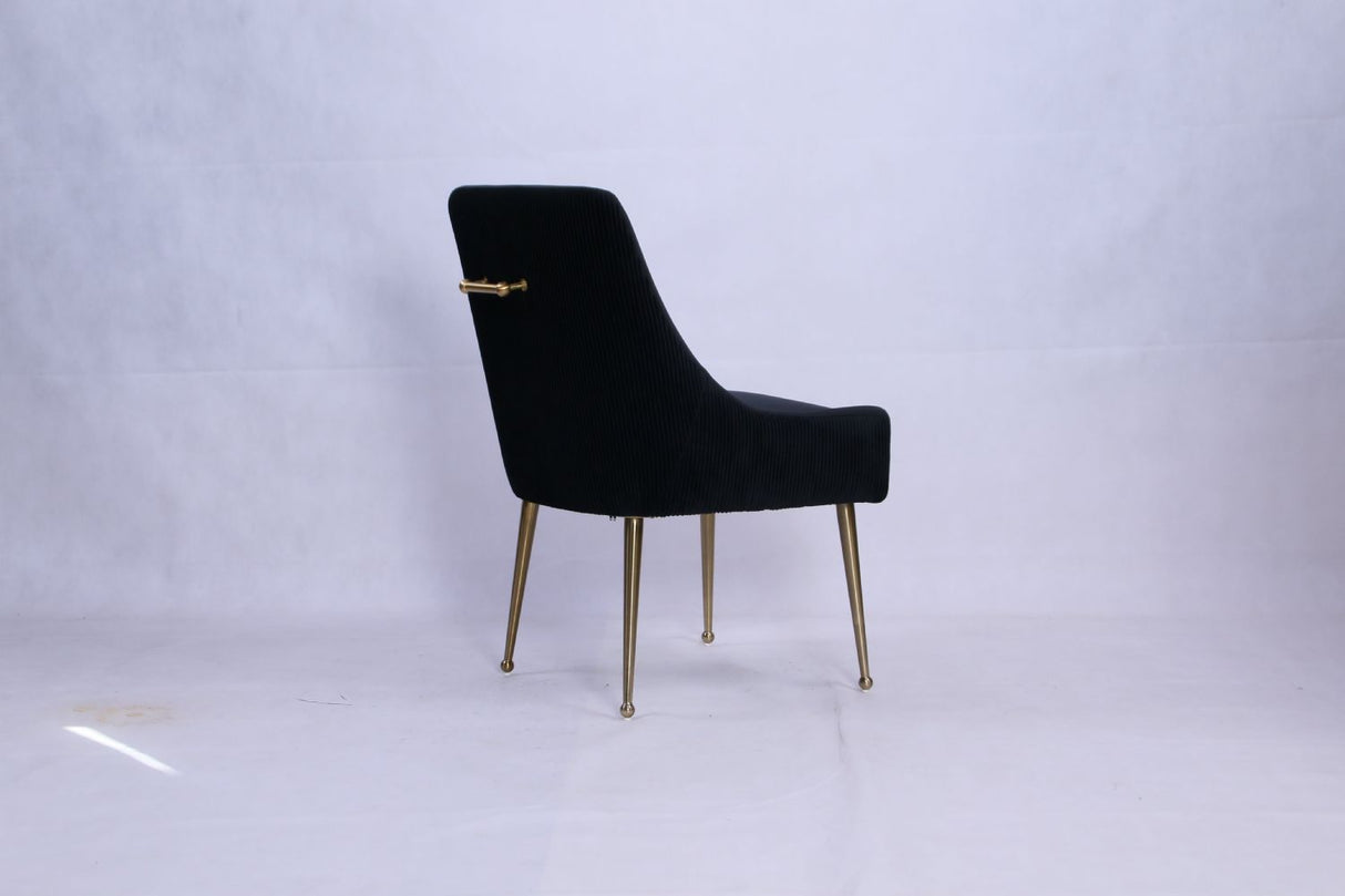Modern Black Velvet Dining Chair with Ribbed Back and Gold Metal Legs
