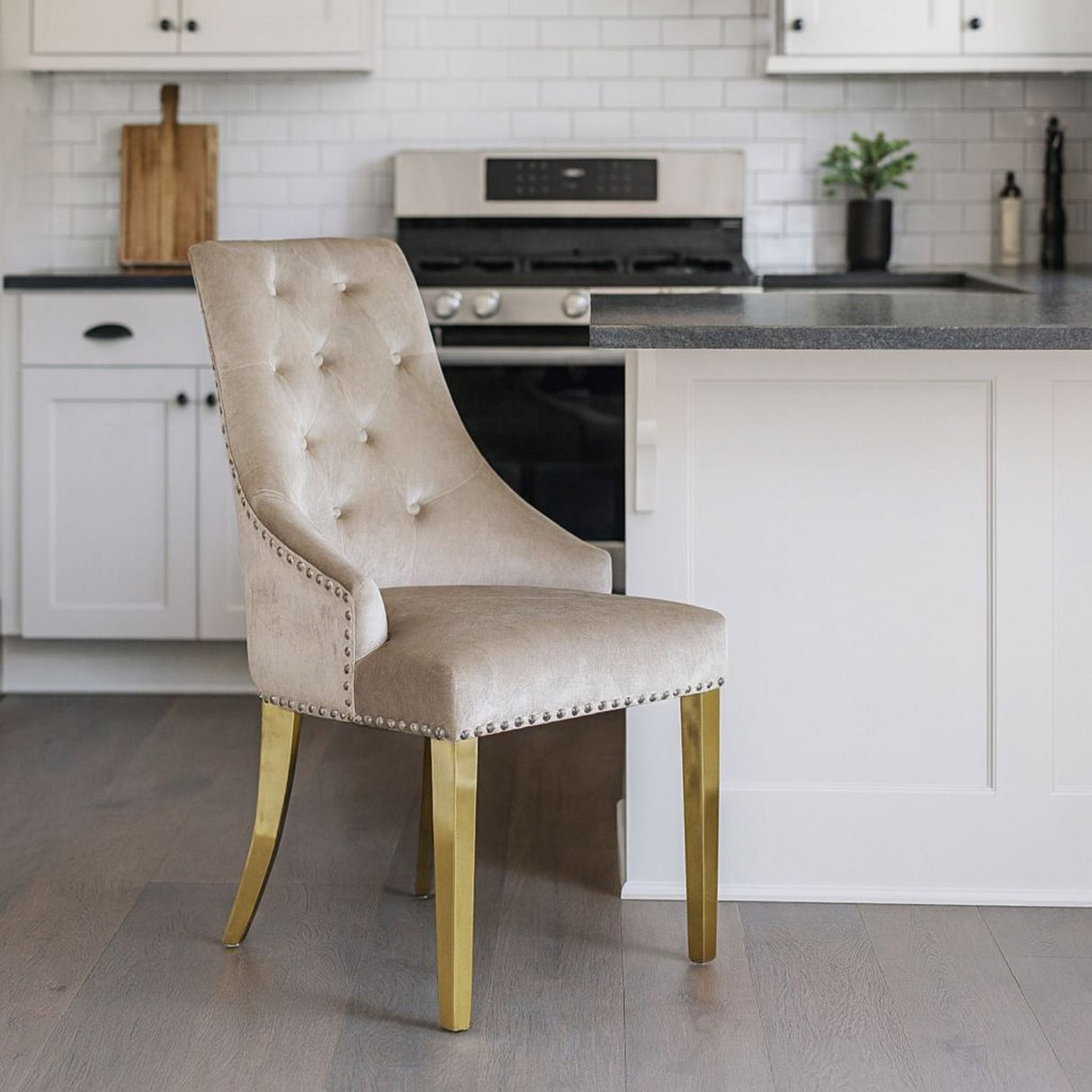 Luxury Mink Shimmer Velvet Dining Chair with Lion Knocker and Gold Legs