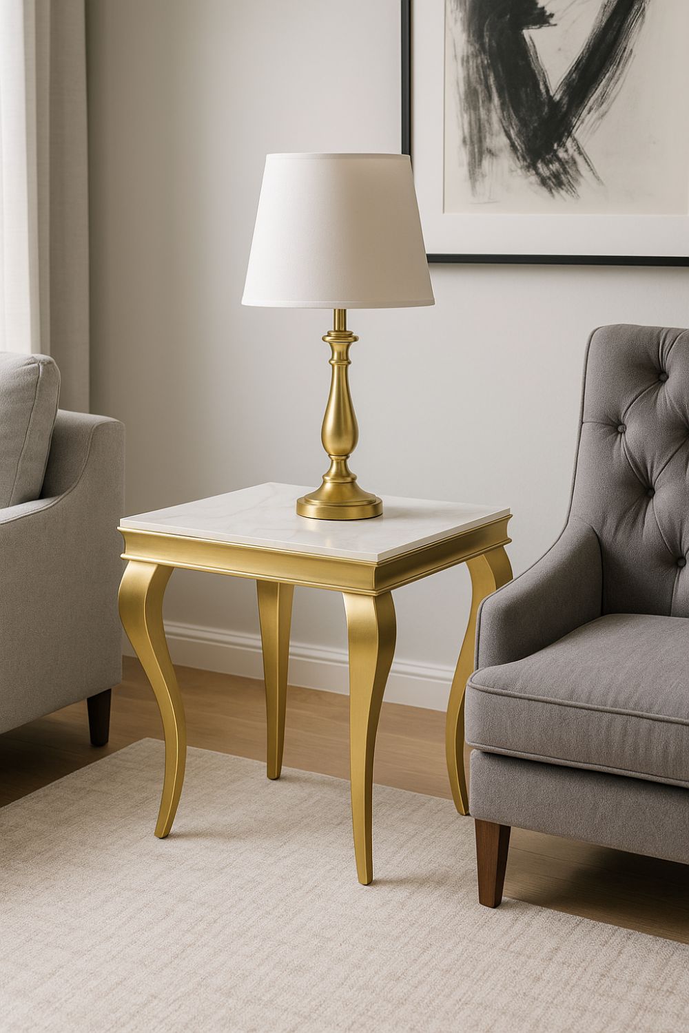 Luxury Gold Frame Lamp Table with White Marble Effect Top