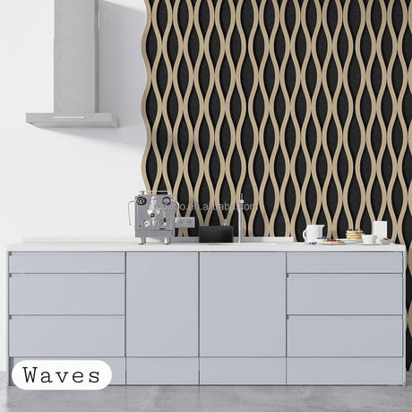 A modern kitchen scene with a white countertop and light gray lower cabinets, set against a black wall covered in a beige wavy pattern. A small espresso machine and cups sit on the counter.
