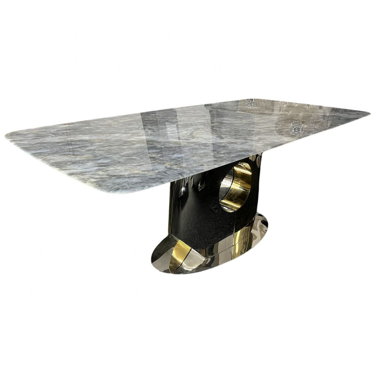 Luxury Grey Marble Dining Table with Chrome and Gold Block Pedestal Base