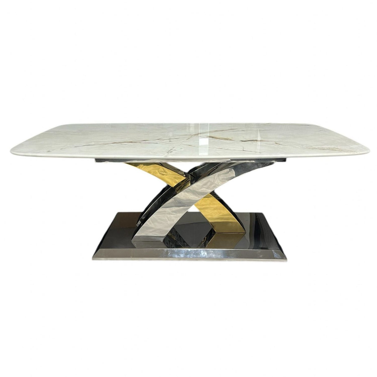 Luxury Cream Marble Effect Coffee Table with Silver and Gold Cross Base