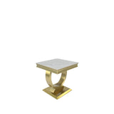 Luxury White Marble Effect Lamp Table with Brushed Gold Circular Pedestal Base
