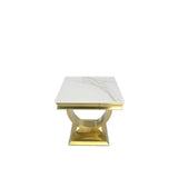 Luxury White Marble Effect Lamp Table with Brushed Gold Circular Pedestal Base