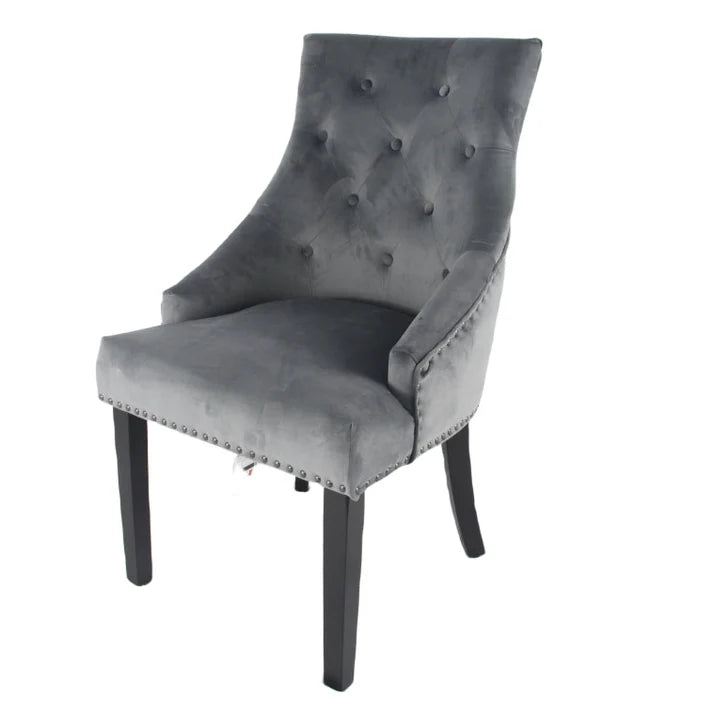 Modern Dark Grey Velvet Dining Chair with Black Ring Knocker and Black Legs