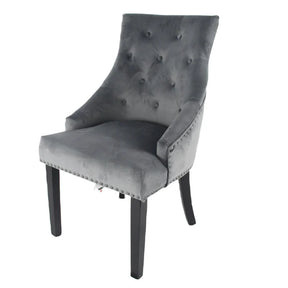 Modern Dark Grey Velvet Dining Chair with Black Ring Knocker and Black Legs