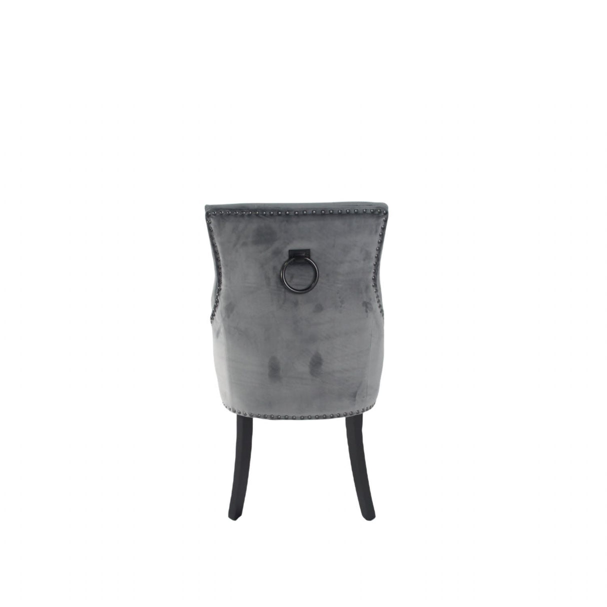 Modern Dark Grey Velvet Dining Chair with Black Ring Knocker and Black Legs