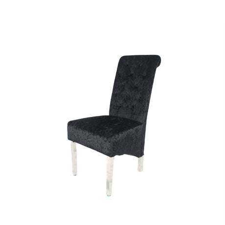 Luxury Crushed Black Velvet Dining Chair with Lion Knocker and Chrome Legs