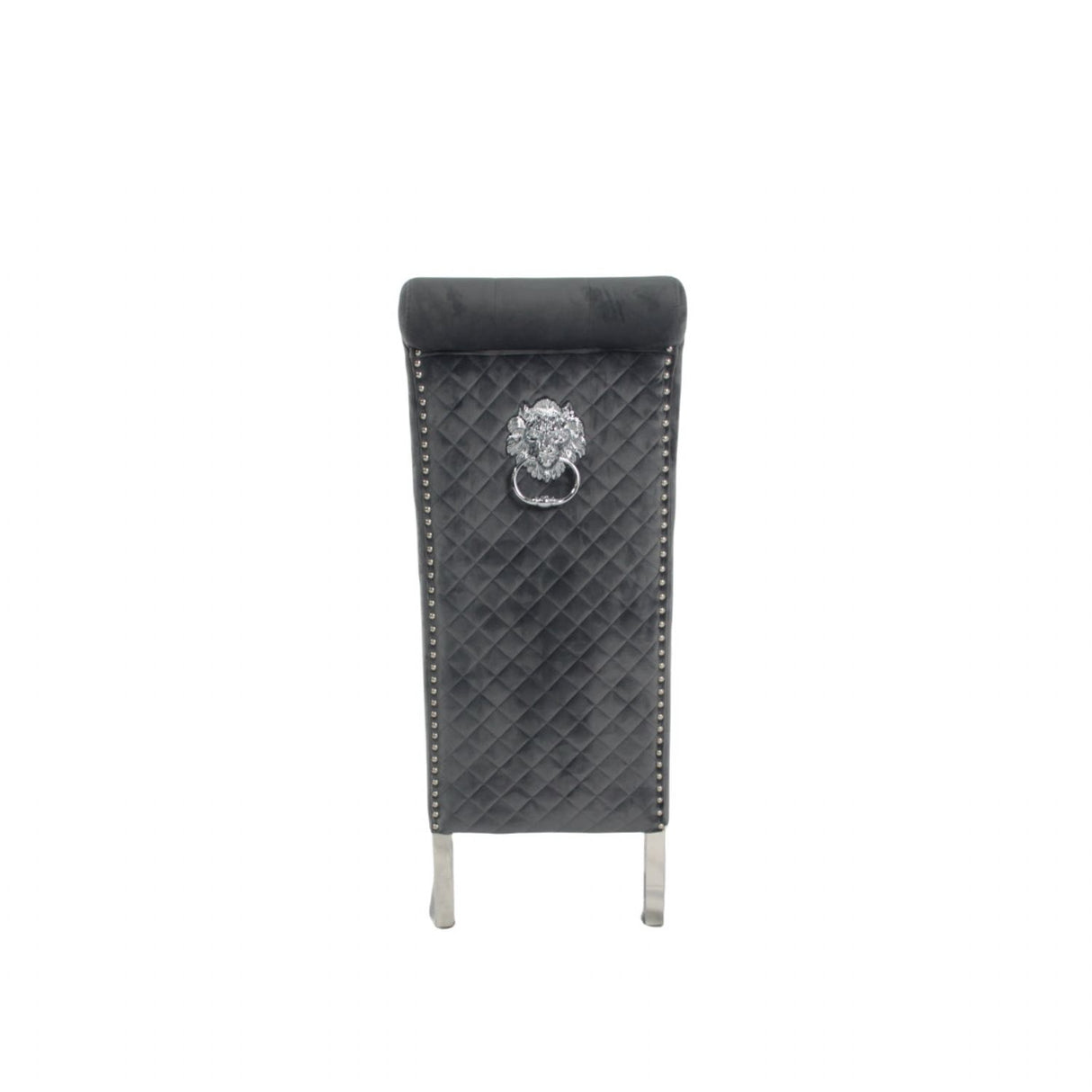 Luxury Dark Grey Velvet Dining Chair with Lion Knocker and Chrome Legs