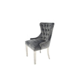 Luxury Dark Grey Velvet Dining Chair with Ring Knocker and Chrome Legs
