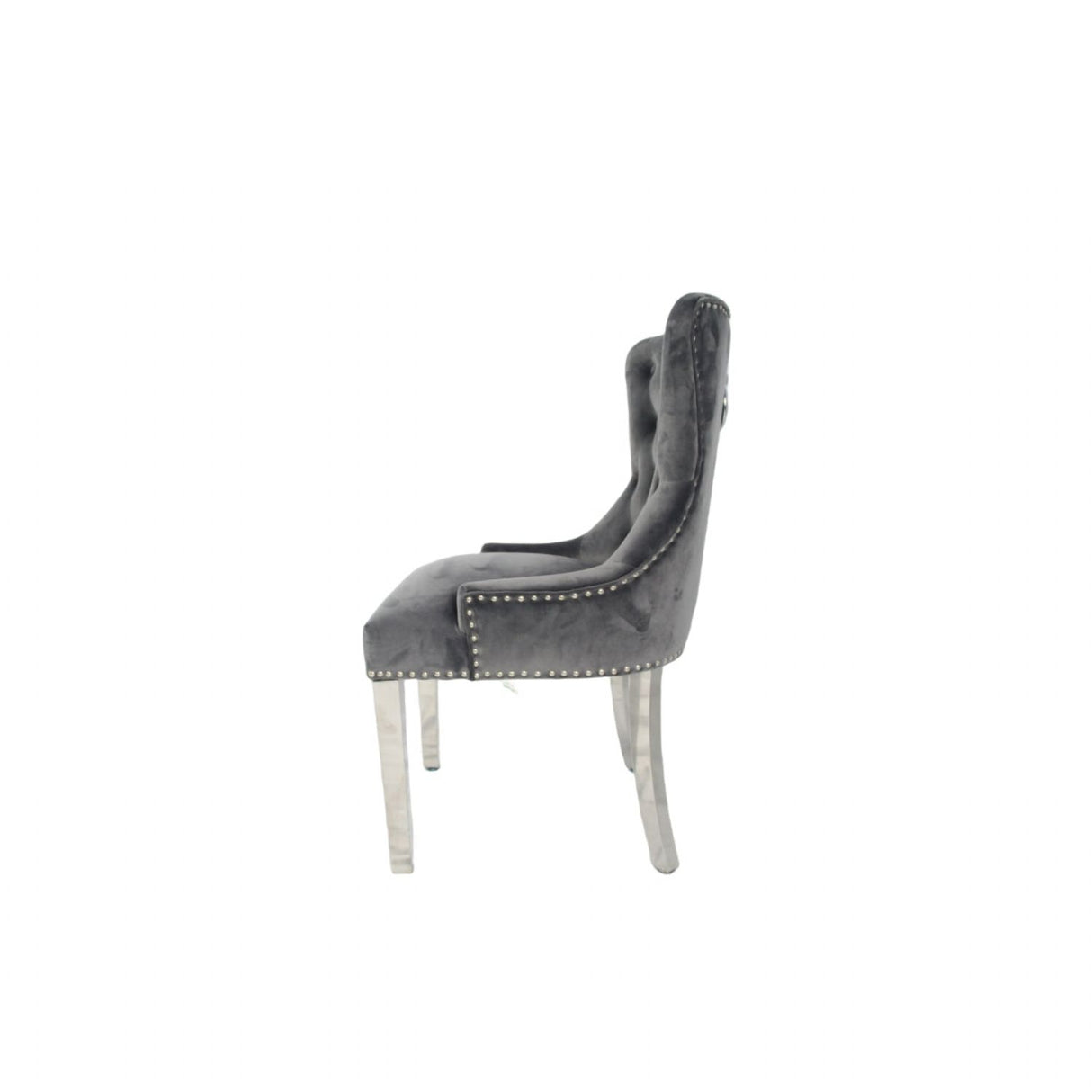 Luxury Dark Grey Velvet Dining Chair with Ring Knocker and Chrome Legs