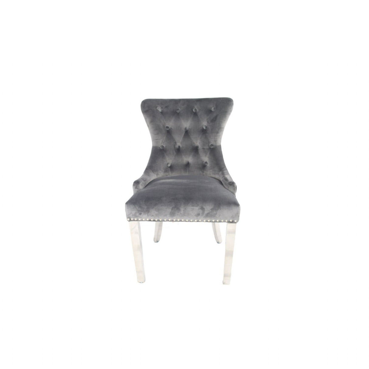 Luxury Dark Grey Velvet Dining Chair with Ring Knocker and Chrome Legs