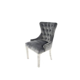 Luxury Dark Grey Velvet Dining Chair with Lion Knocker and Chrome Legs