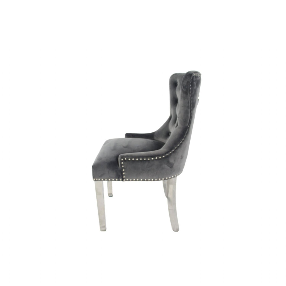 Luxury Dark Grey Velvet Dining Chair with Lion Knocker and Chrome Legs