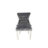 Luxury Dark Grey Velvet Dining Chair with Lion Knocker and Chrome Legs