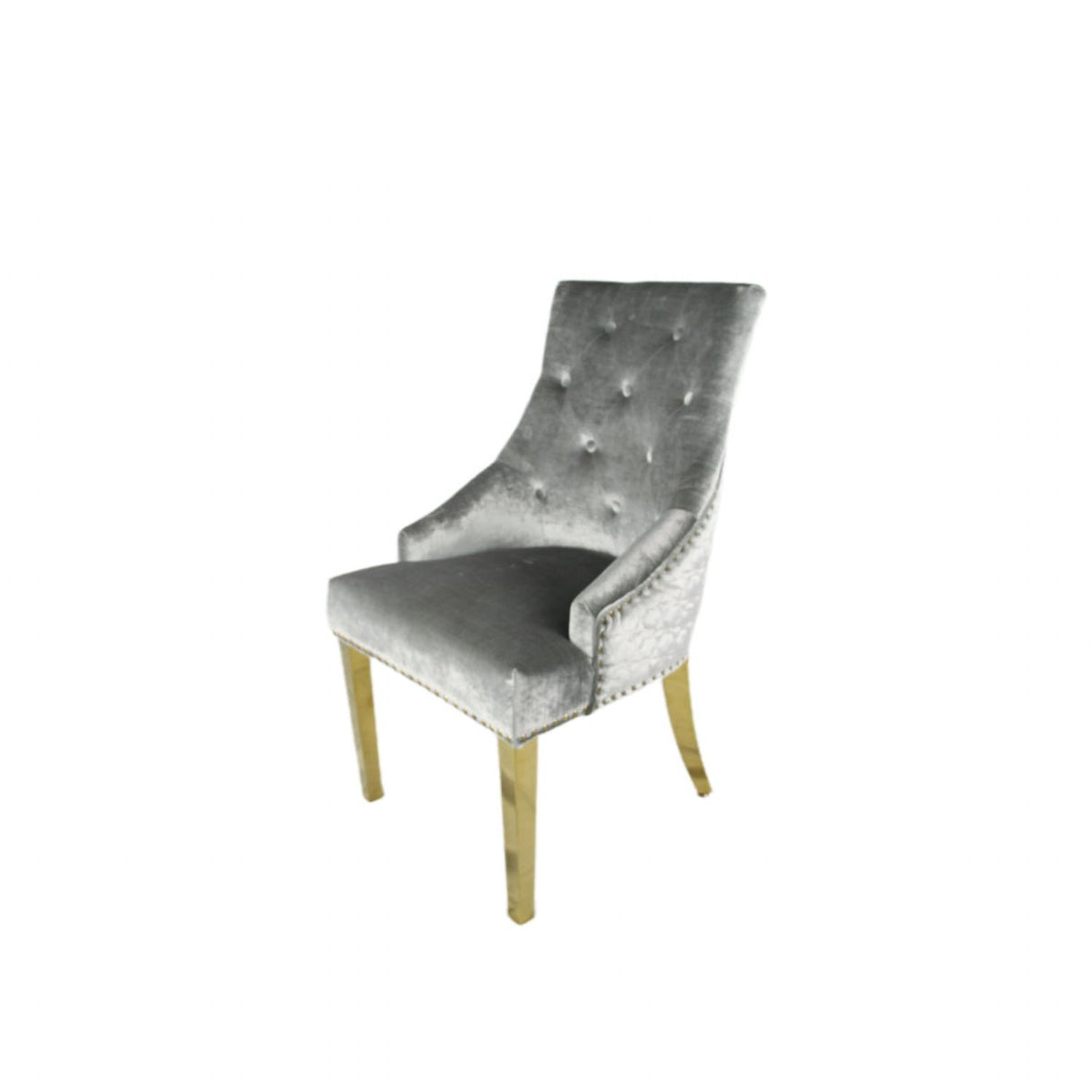 Luxury Silver Grey Shimmer Velvet Dining Chair with Lion Knocker and Gold Legs