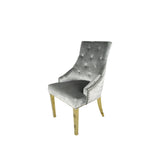 Luxury Silver Grey Shimmer Velvet Dining Chair with Lion Knocker and Gold Legs