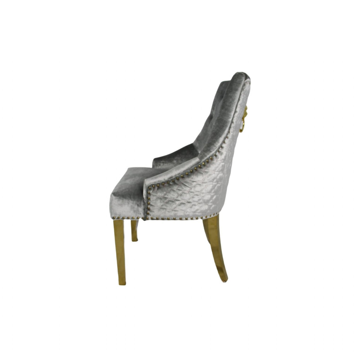 Luxury Silver Grey Shimmer Velvet Dining Chair with Lion Knocker and Gold Legs