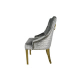 Luxury Silver Grey Shimmer Velvet Dining Chair with Lion Knocker and Gold Legs