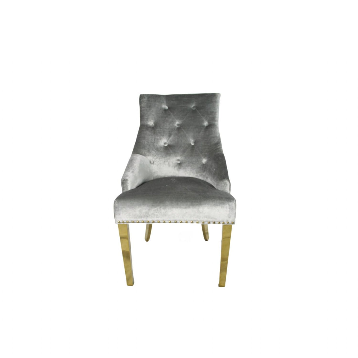Luxury Silver Grey Shimmer Velvet Dining Chair with Lion Knocker and Gold Legs