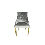 Luxury Silver Grey Shimmer Velvet Dining Chair with Lion Knocker and Gold Legs