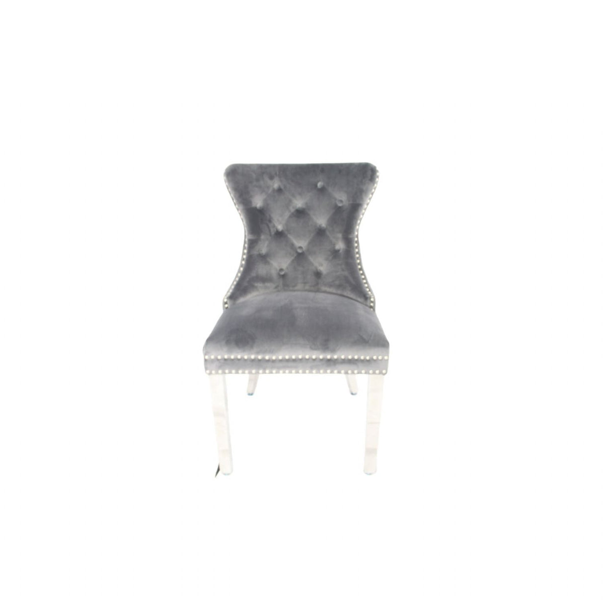 Luxury Dark Grey Velvet Dining Chair with Lion Knocker and Chrome Legs