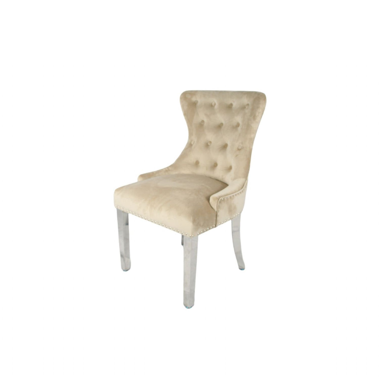 Luxury Cream Velvet Dining Chair with Lion Knocker and Chrome Legs