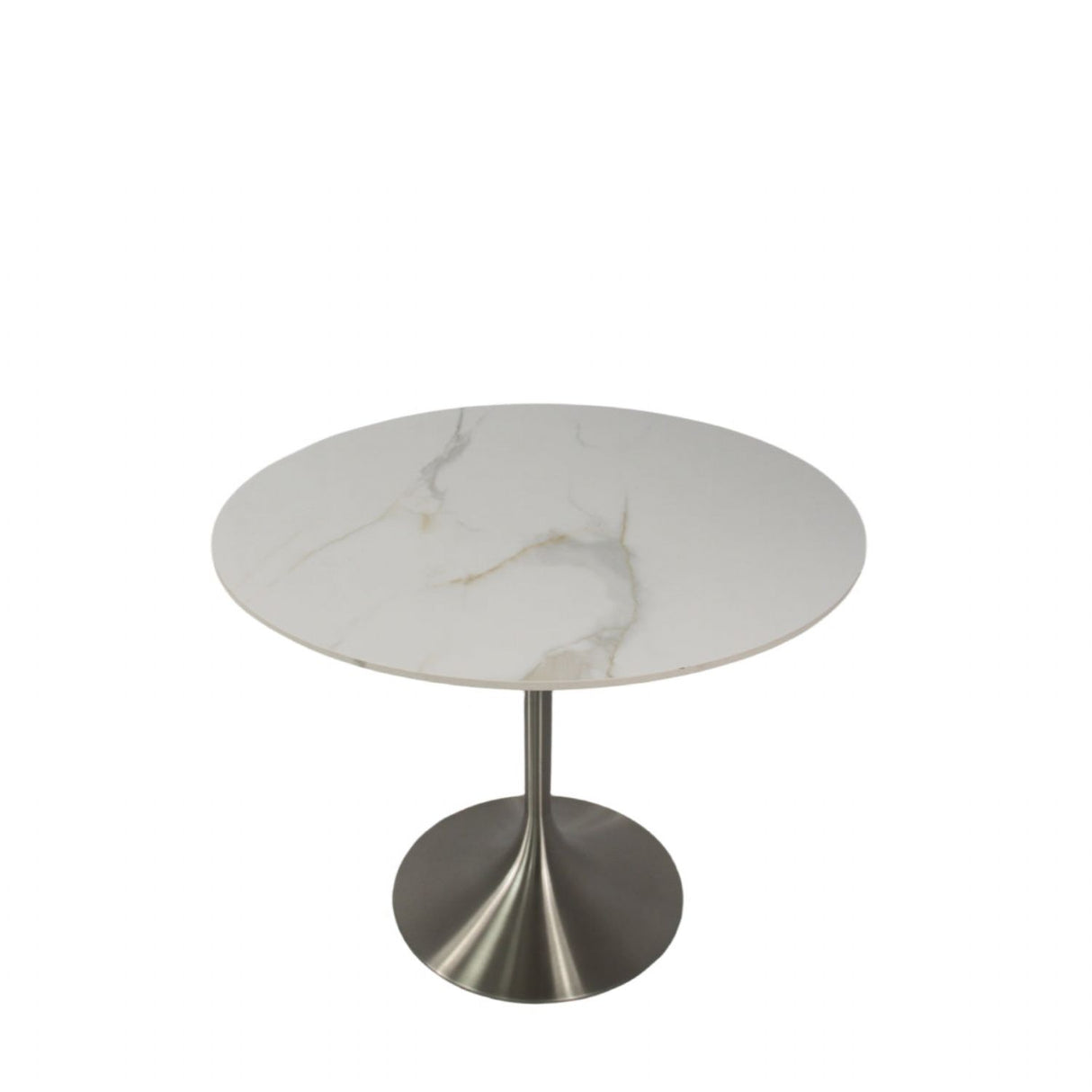 Luxury White Marble Effect Ceramic 0.9m Round Dining Table with Chrome Pedestal Base
