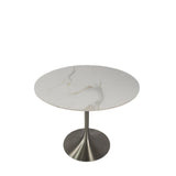 Luxury White Marble Effect Ceramic 0.9m Round Dining Table with Chrome Pedestal Base