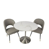 Luxury White Marble Effect Ceramic 0.9m Round Dining Table with Chrome Pedestal Base